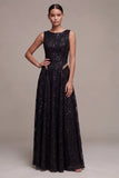 Black Sparkly Sequins A Line Boat Neck Long Formal Dress