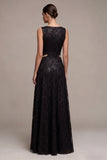 Black Sparkly Sequins A Line Boat Neck Long Formal Dress