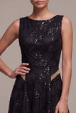 Black Sparkly Sequins A Line Boat Neck Long Formal Dress
