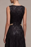 Black Sparkly Sequins A Line Boat Neck Long Formal Dress