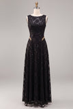 Black Sparkly Sequins A Line Boat Neck Long Formal Dress
