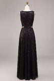 Black Sparkly Sequins A Line Boat Neck Long Formal Dress