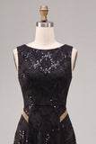 Black Sparkly Sequins A Line Boat Neck Long Formal Dress