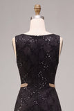 Black Sparkly Sequins A Line Boat Neck Long Formal Dress