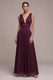 Burgundy Ruched Thick Straps Ruched A-Line Long Formal Dress