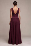 Burgundy Ruched Thick Straps Ruched A-Line Long Formal Dress
