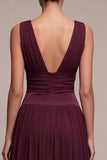 Burgundy Ruched Thick Straps Ruched A-Line Long Formal Dress
