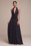 Black Ruched A-Line Halter Long Formal Dress