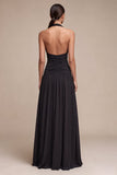 Black Ruched A-Line Halter Long Formal Dress