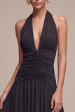 Black Ruched A-Line Halter Long Formal Dress