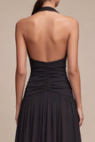 Black Ruched A-Line Halter Long Formal Dress