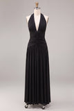 Black Ruched A-Line Halter Long Formal Dress