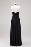 Black Ruched A-Line Halter Long Formal Dress