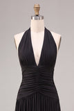 Black Ruched A-Line Halter Long Formal Dress