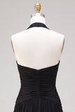 Black Ruched A-Line Halter Long Formal Dress