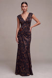 Black Floral Ruched V-Neck Mermaid Long Formal Dress