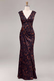 Black Floral Ruched V-Neck Mermaid Long Formal Dress