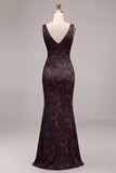 Black Floral Ruched V-Neck Mermaid Long Formal Dress