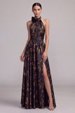 Black Floral Halter Ruffled A-Line Long Formal Dress with Slit
