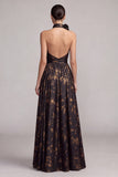 Black Floral Halter Ruffled A-Line Long Formal Dress with Slit