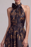 Black Floral Halter Ruffled A-Line Long Formal Dress with Slit