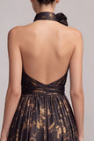 Black Floral Halter Ruffled A-Line Long Formal Dress with Slit