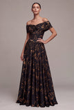 Black Floral Off the Shoulder Ruched A-Line Long Formal Dress