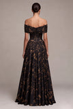 Black Floral Off the Shoulder Ruched A-Line Long Formal Dress