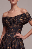 Black Floral Off the Shoulder Ruched A-Line Long Formal Dress
