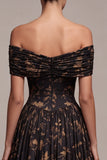 Black Floral Off the Shoulder Ruched A-Line Long Formal Dress