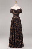Black Floral Off the Shoulder Ruched A-Line Long Formal Dress