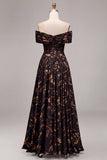 Black Floral Off the Shoulder Ruched A-Line Long Formal Dress
