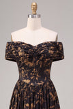 Black Floral Off the Shoulder Ruched A-Line Long Formal Dress