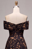 Black Floral Off the Shoulder Ruched A-Line Long Formal Dress
