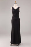Black Cowl Neck Mermaid Ruched Long Formal Dress