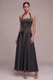 Coffee Corset A-Line Halter Long Formal Dress