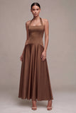 Coffee Corset A-Line Halter Long Formal Dress