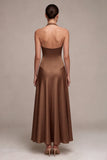 Coffee Corset A-Line Halter Long Formal Dress