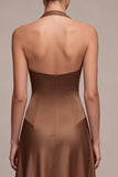 Coffee Corset A-Line Halter Long Formal Dress