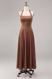Coffee Corset A-Line Halter Long Formal Dress