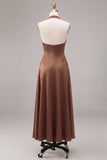 Coffee Corset A-Line Halter Long Formal Dress
