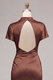 Coffee High Neck Keyhole Ruched Long Mermaid Formal Dress with Sleeves