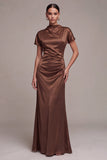 Coffee High Neck Keyhole Ruched Long Mermaid Formal Dress with Sleeves
