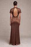 Coffee High Neck Keyhole Ruched Long Mermaid Formal Dress with Sleeves