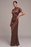 Coffee High Neck Keyhole Ruched Long Mermaid Formal Dress with Sleeves