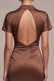 Coffee High Neck Keyhole Ruched Long Mermaid Formal Dress with Sleeves