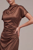 Coffee High Neck Keyhole Ruched Long Mermaid Formal Dress with Sleeves