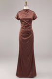 Coffee High Neck Keyhole Ruched Long Mermaid Formal Dress with Sleeves