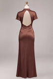 Coffee High Neck Keyhole Ruched Long Mermaid Formal Dress with Sleeves