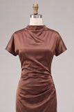 Coffee High Neck Keyhole Ruched Long Mermaid Formal Dress with Sleeves